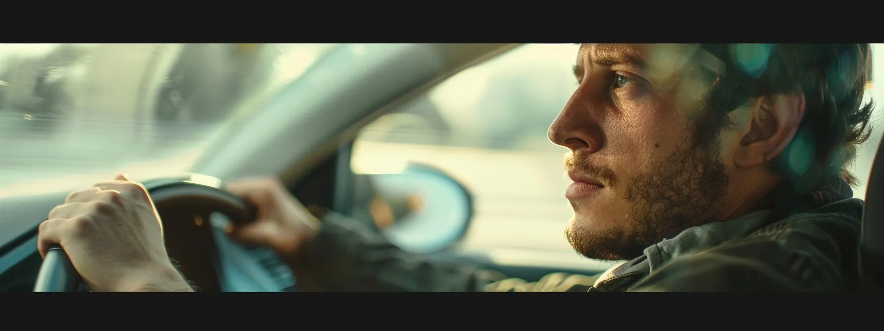 a driver nervously making a left turn during a test as the evaluator observes closely.