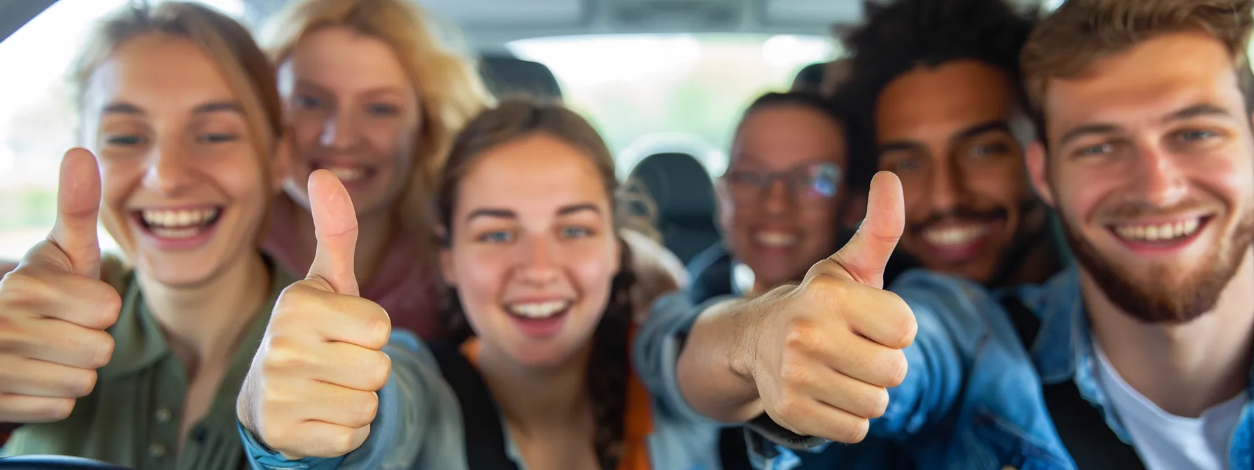 a group of happy drivers smiling and giving a thumbs up after successfully passing their road tests through www.roadtestsny.com.