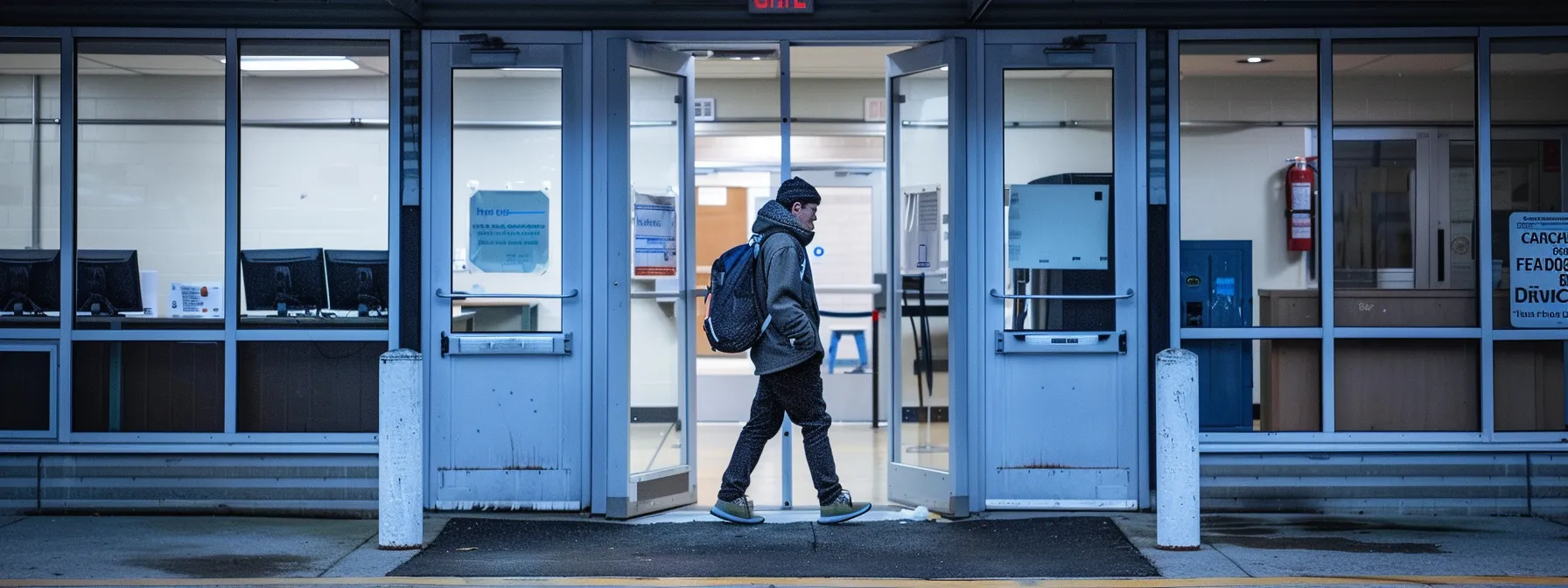an individual walking out of a dmv testing center with a look of relief or disappointment on their face.