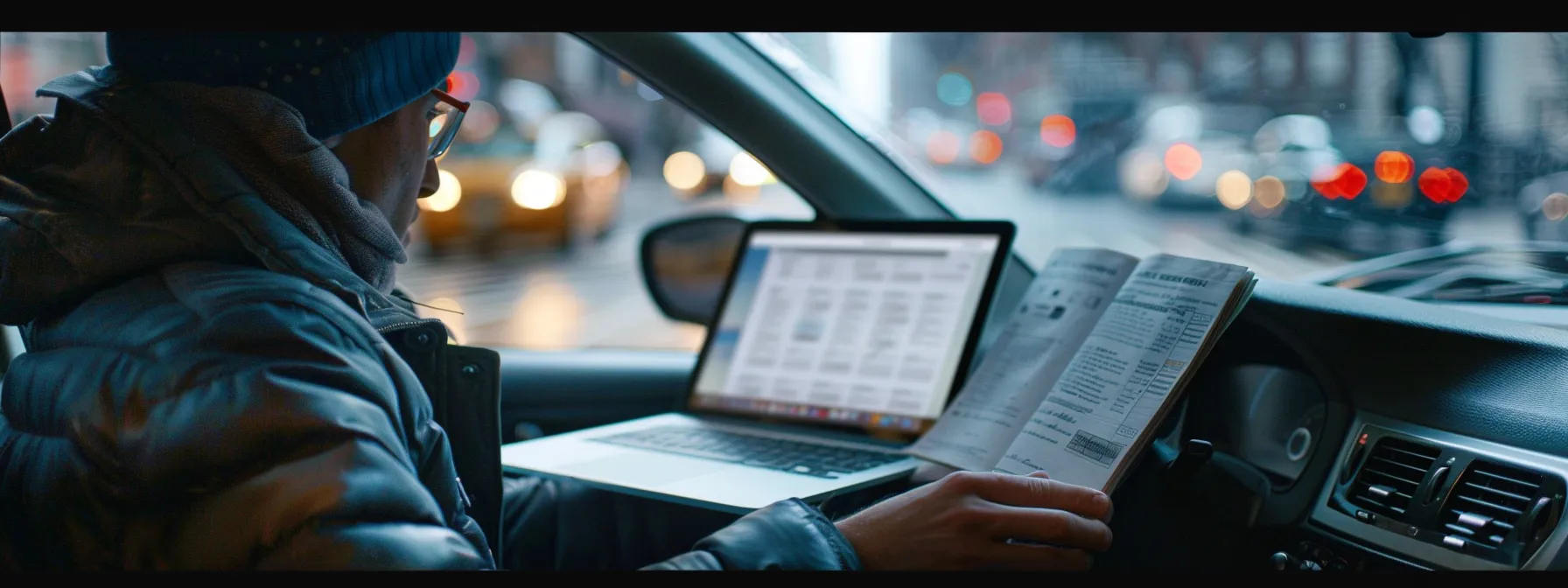 Person studying DMV materials and using a laptop in a car, preparing for NYC road test amidst city traffic.
