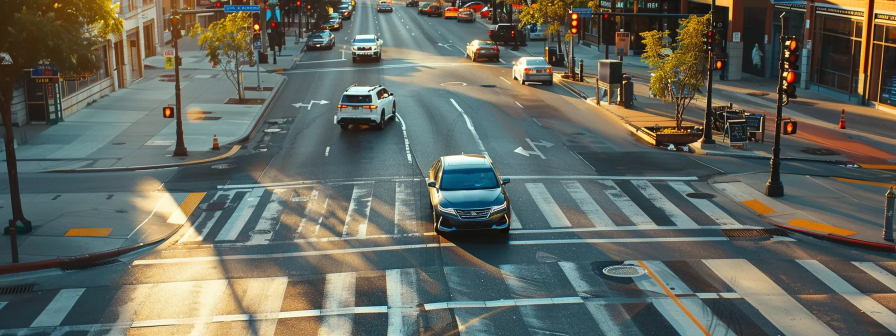 a driver confidently navigating through a busy intersection during a road test.
