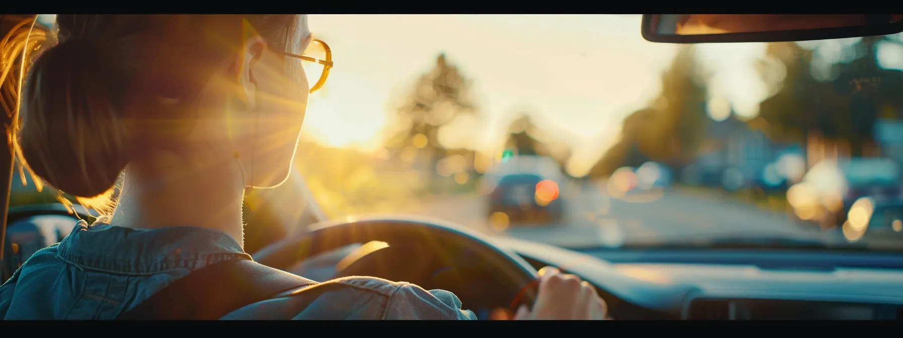 a person confidently driving their well-insured vehicle to their driving test appointment.