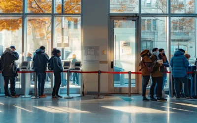 People waiting in line at a DMV office in New York, preparing for road tests and driver's license applications, with large windows showing a bright autumn day outside.
