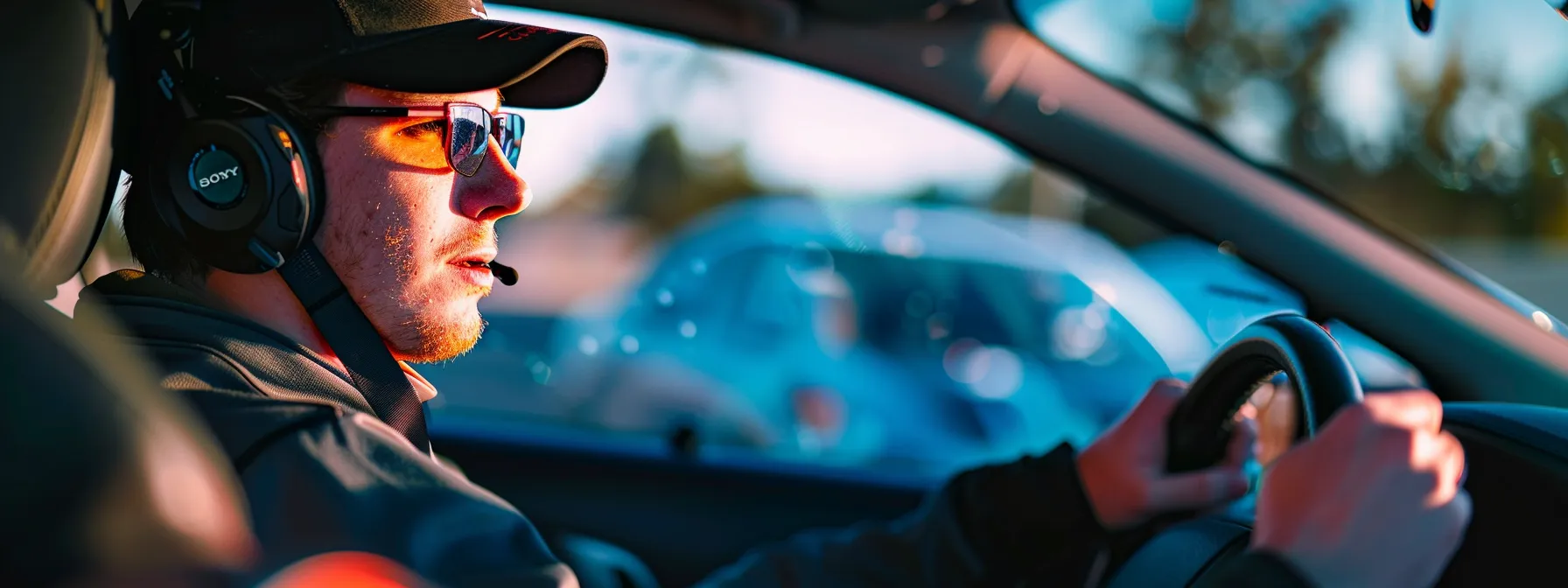 an instructor guiding a group of permit holders through a driving practice session on a closed course.