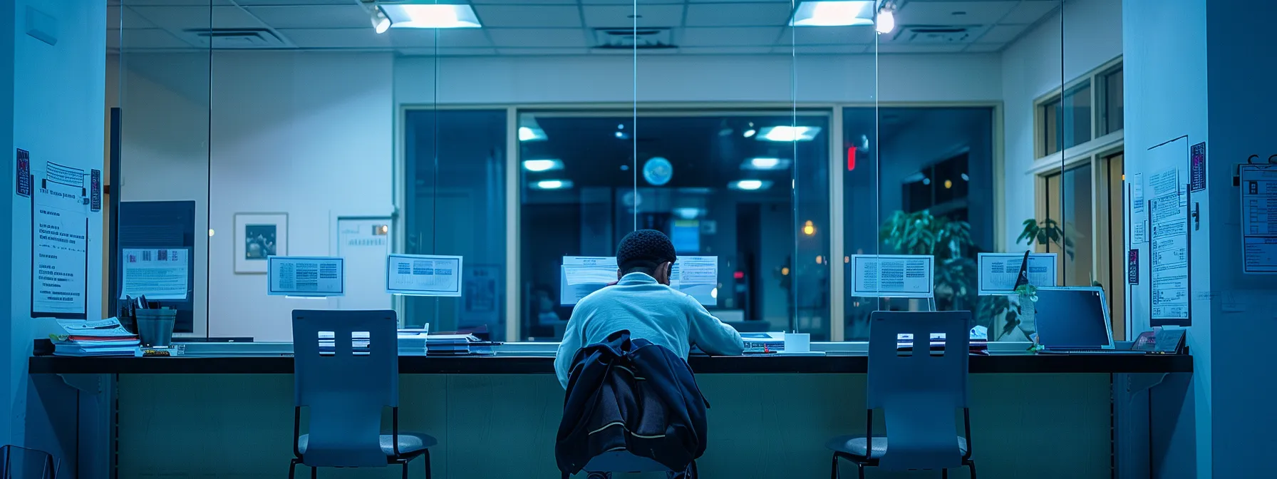 a person studying for the written test at a new york driver's license office.
