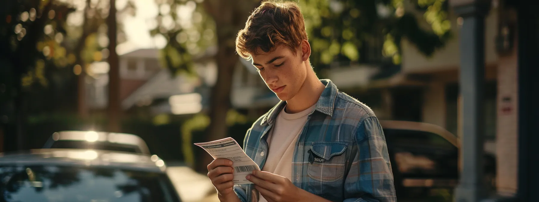 a young driver holding their license receipt while standing next to their car.