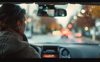 Driver focused on the road ahead in a vehicle, with blurred city lights in the background, illustrating the experience of preparing for a road test in New York.