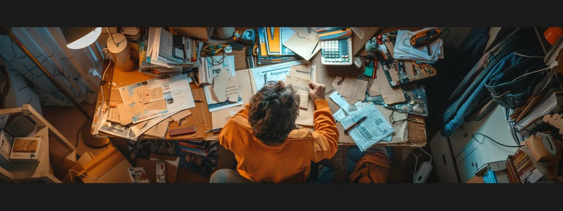a person frantically searching through a cluttered desk for their lost learner permit.