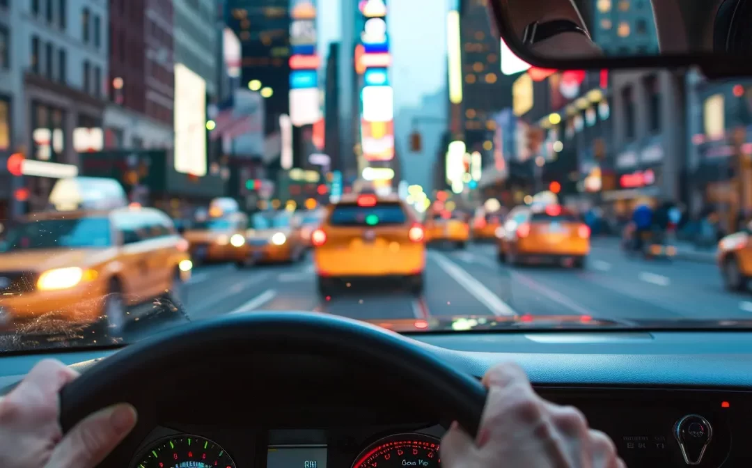 View from inside a car showing hands on the steering wheel, navigating through a busy New York City street filled with yellow taxis and bright lights, illustrating urban driving conditions relevant for road test preparation.
