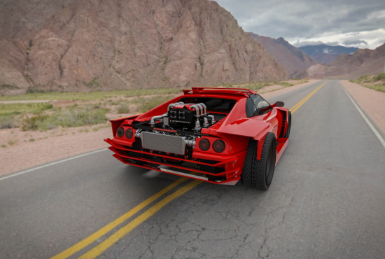 Red sports car with exposed engine on a scenic road surrounded by mountains, representing road test preparation and driving performance.
