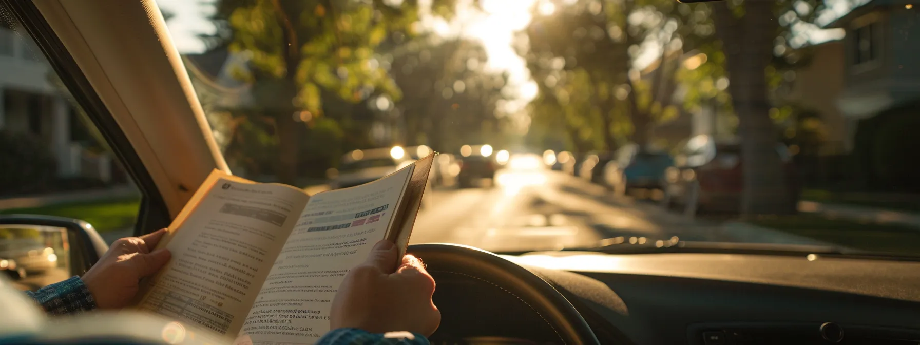 a person holding a study guide book and practicing driving skills on a quiet residential street.