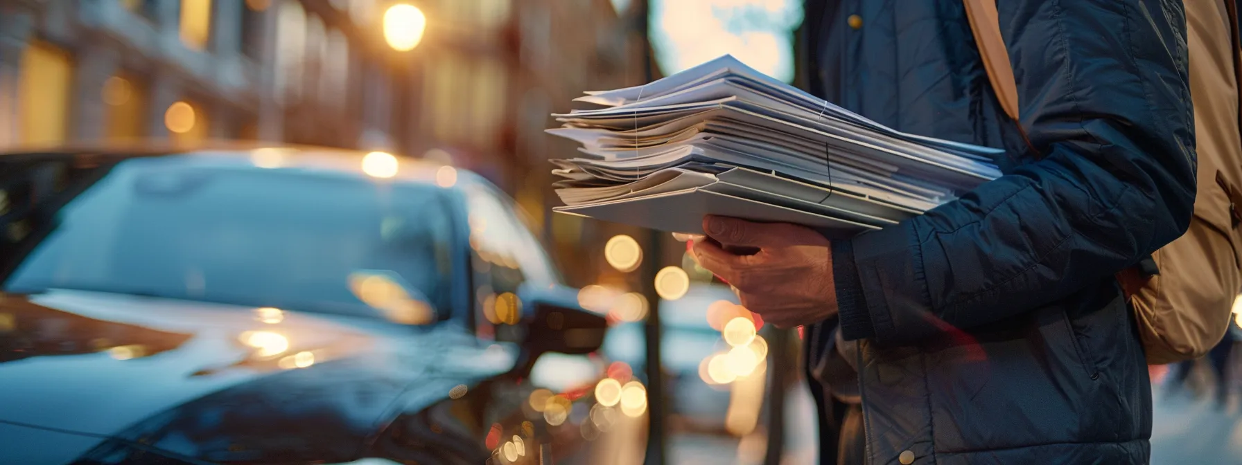 a person holding a stack of documents and standing next to a car.
