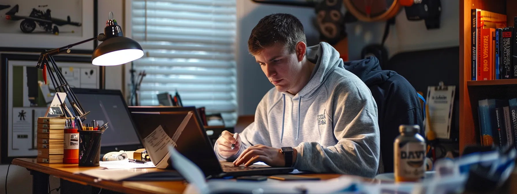 a focused driver confidently studying dmv materials at a clutter-free desk with motivational notes and stress-relief tools nearby.