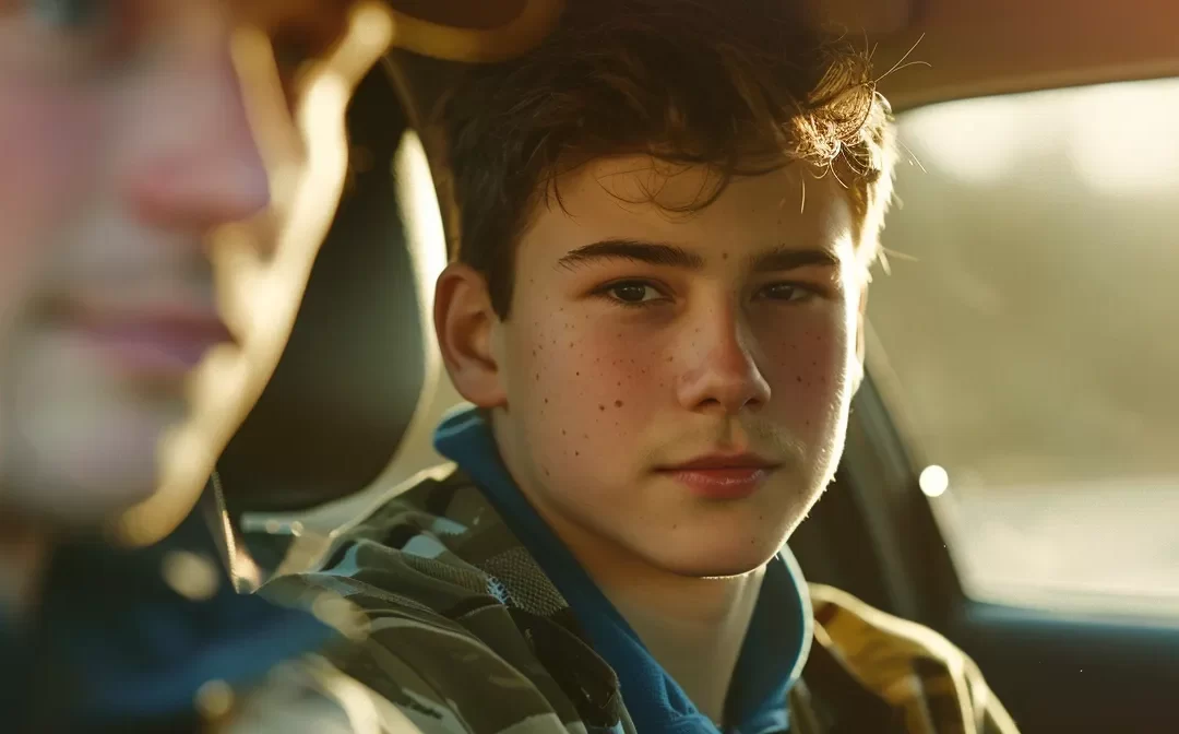 a nervous teenager sitting behind the wheel of a car, with a stern driving instructor watching intently beside them.