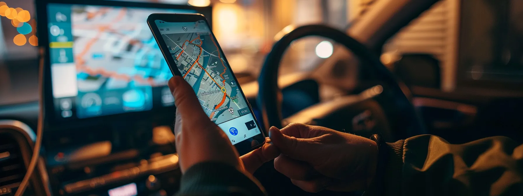 a person using a smartphone app to search for driving test centers, with a map and reviews displayed on the screen.