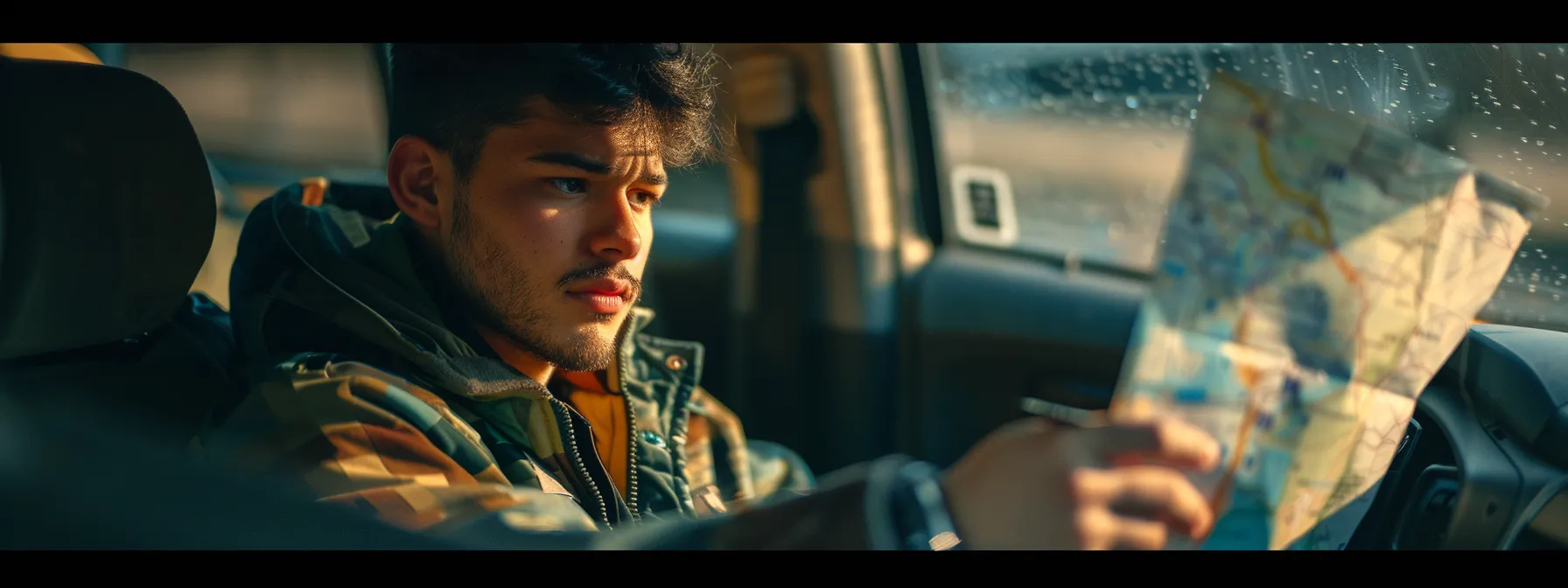 a nervous but determined driver sits calmly in their car, studying a map of the test route before their rush road test.