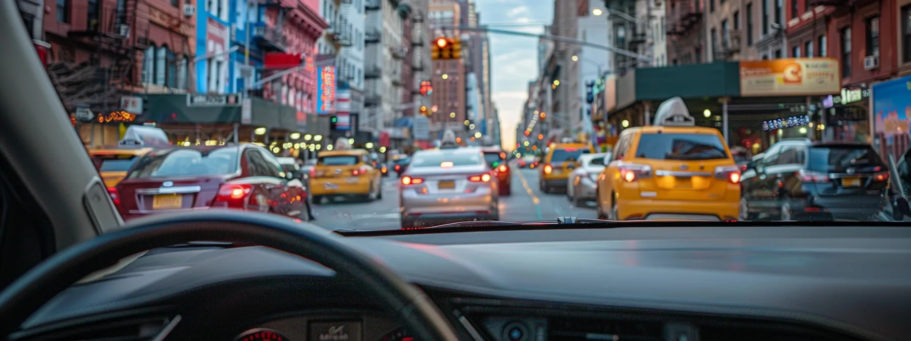 a novice driver practicing parallel parking in a bustling nyc street, surrounded by colorful buildings and street signs.