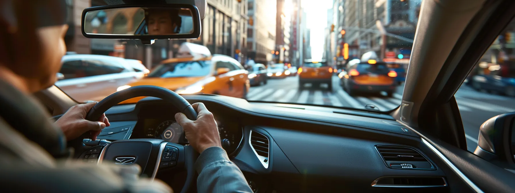 a focused driver calmly navigating through busy city streets during a practice session.