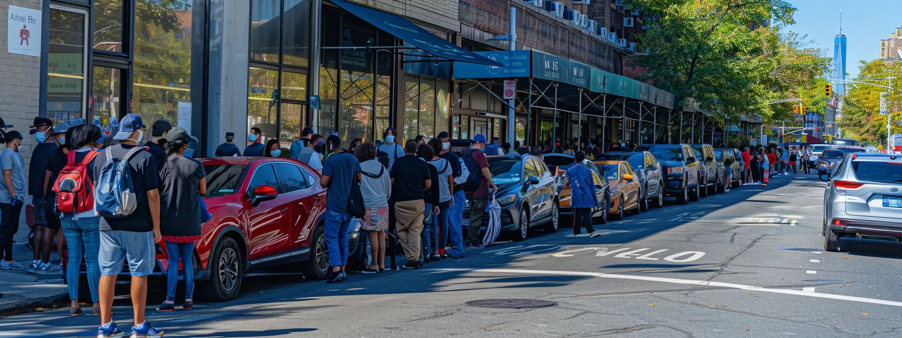 a long line of frustrated drivers waiting outside the dmv in new york under the summer sun, hoping to secure a standard road test appointment.