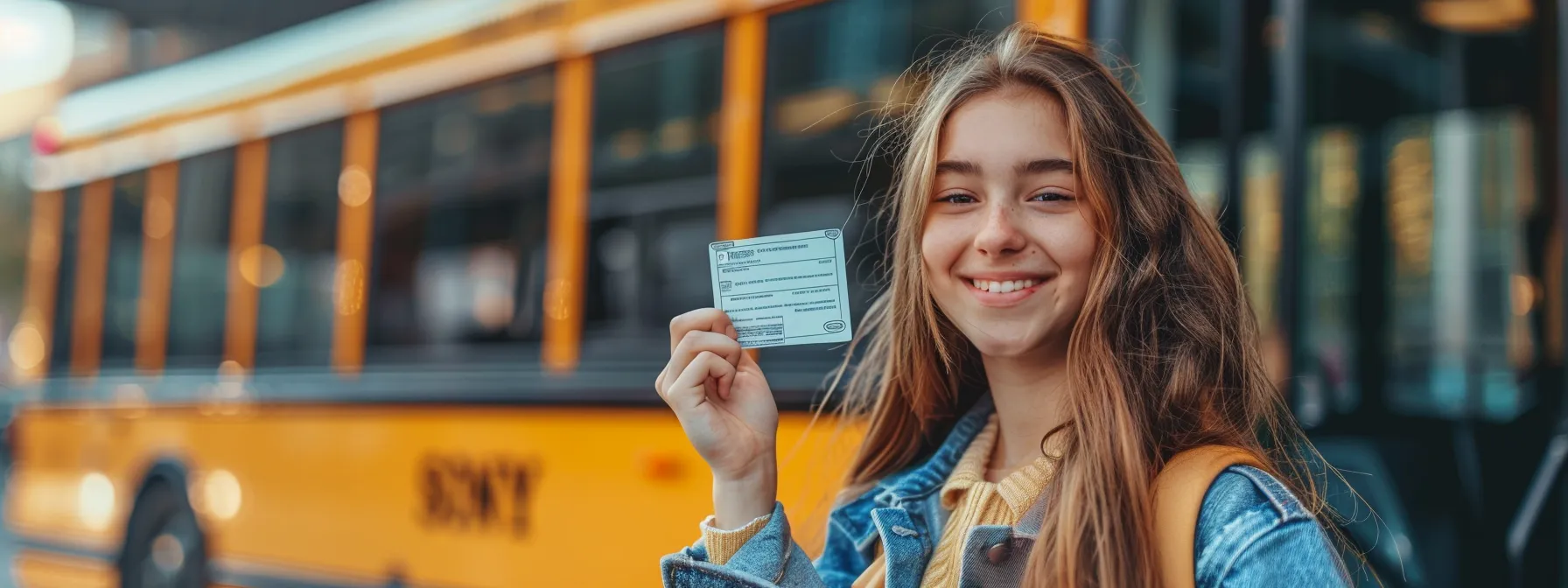 a new driver confidently holding their driver's license with a school bus passing in the background.