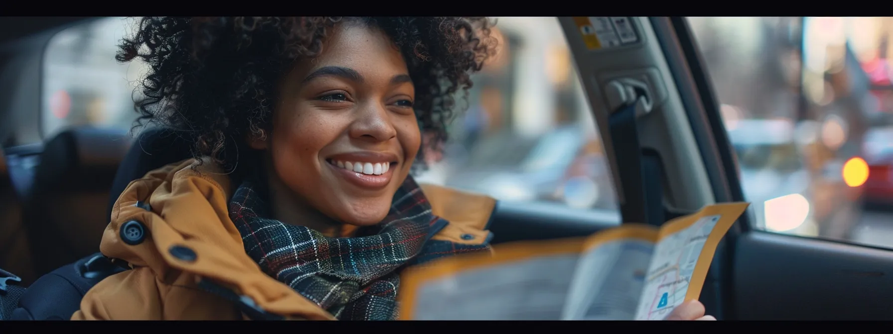 a new driver proudly holding their official ny license, with a road map in hand and a confident smile on their face, ready to hit the road.