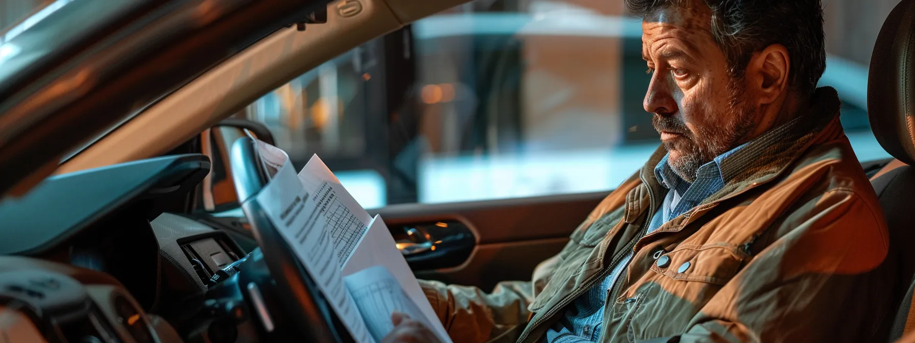 a driver sitting in a car with intense focus, surrounded by practice materials and paperwork, mentally preparing for an accelerated road test.
