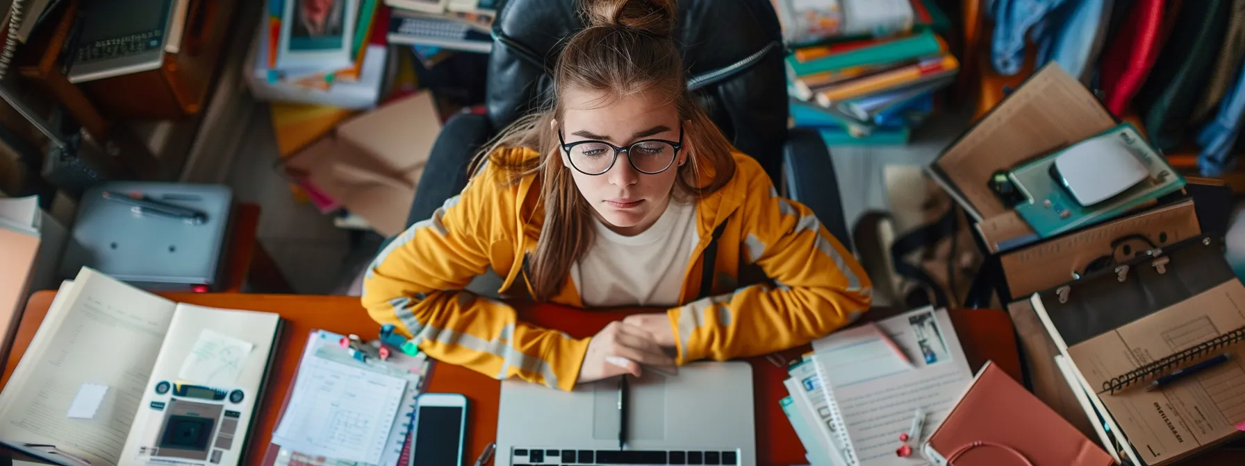 a student surrounded by a variety of study materials, contact information, and driving safety resources.