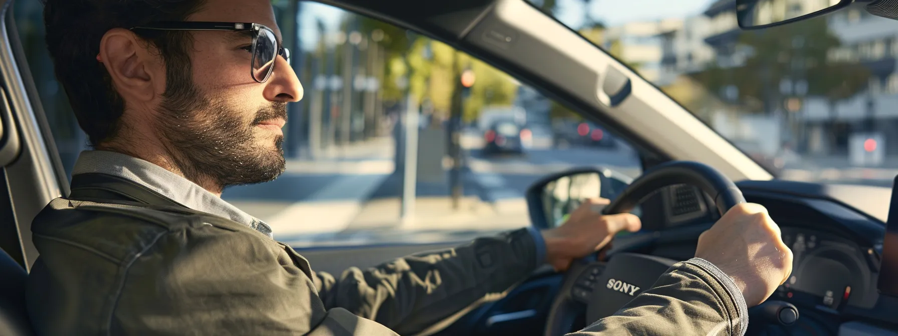 a driver confidently navigating a road test route, skillfully using the steering wheel and checking mirrors.