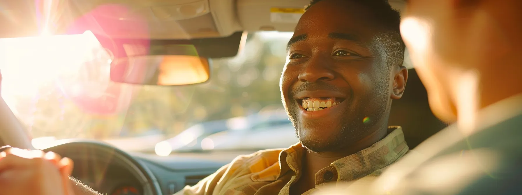 a driver receiving their shiny new license from a dmv official with a big smile on their face.