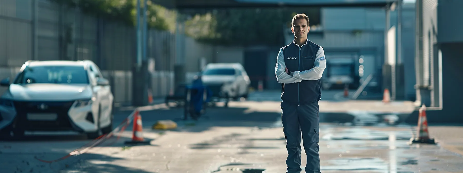 a driver confidently stands in front of a modern, well-equipped testing site with friendly, professional staff nearby.
