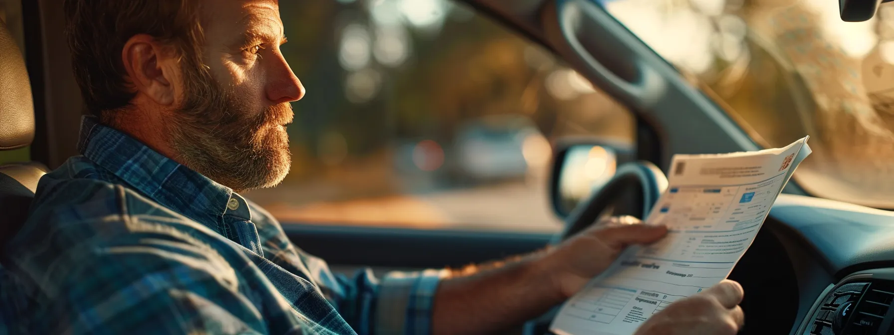 a driver studying a test receipt with intense focus, surrounded by study materials and a laptop displaying highway rules.