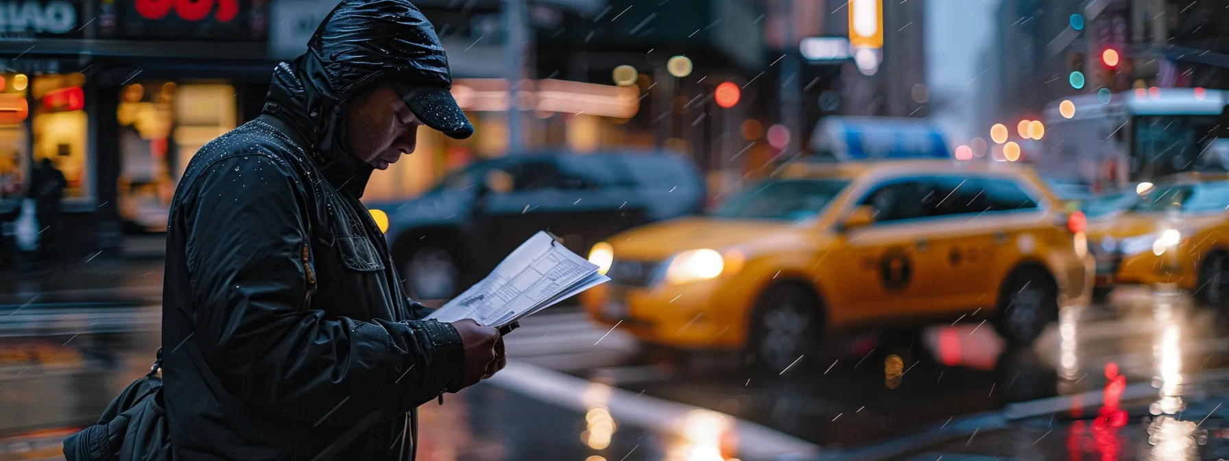 an anxious test-taker studying a manual in a rainy nyc street, surrounded by rental cars and a friendly interpreter, preparing for the driving test.
