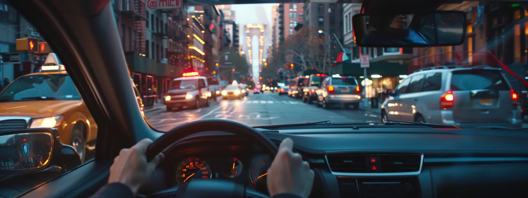 a person confidently driving a car through the busy streets of nyc, passing by iconic landmarks and responding appropriately to emergency vehicles.