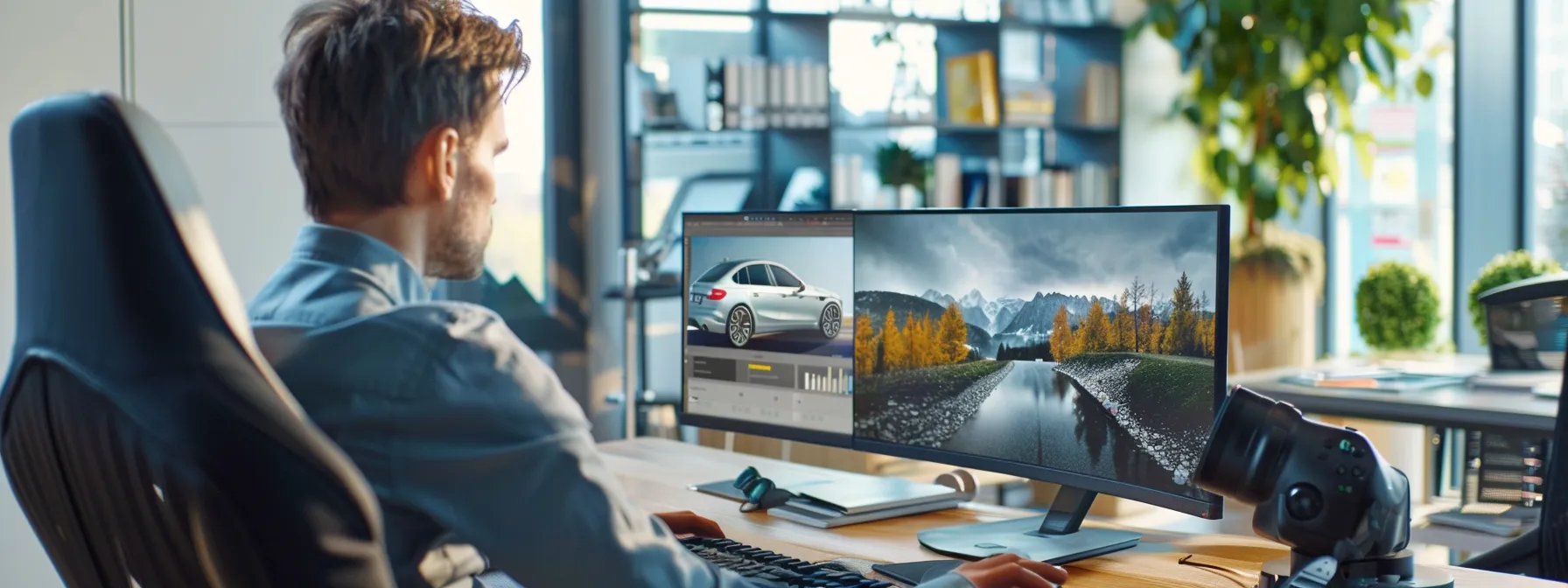 a focused individual booking a driving test online with a modern computer setup and a sleek, organized desk.