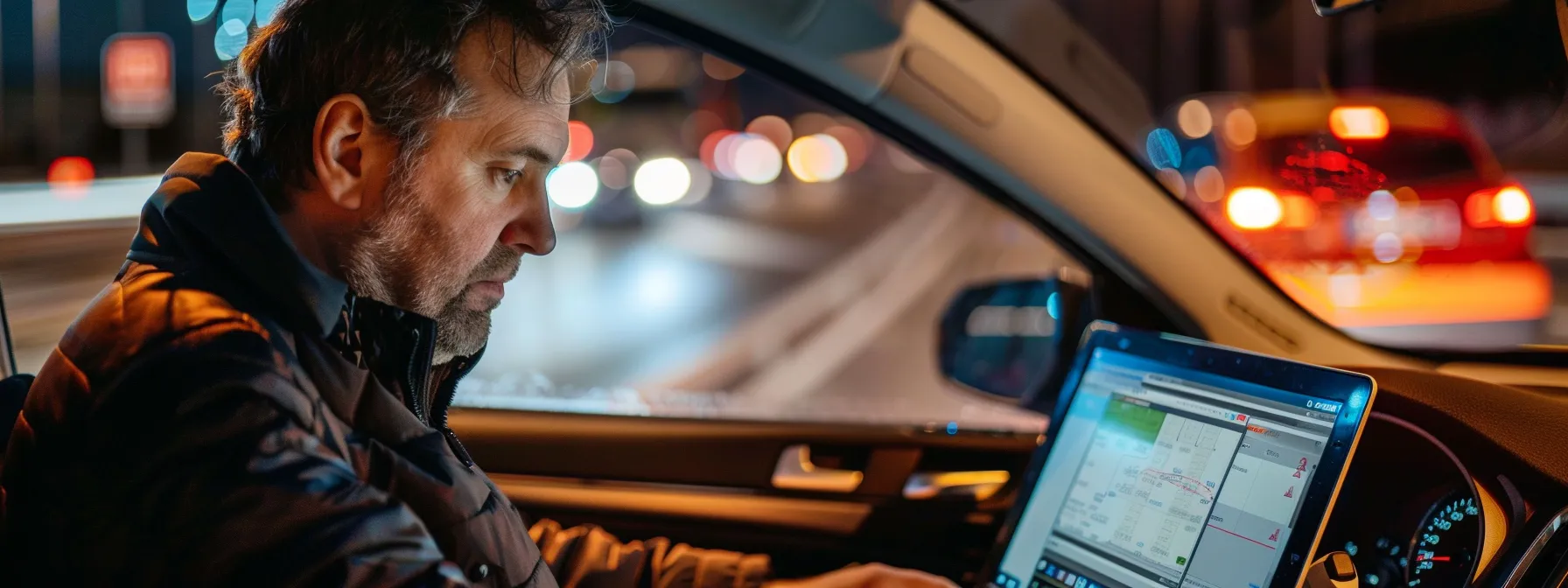 a focused driver attentively completing the 5 hour pre licensing course online on a laptop, surrounded by traffic signs and safety reminders.