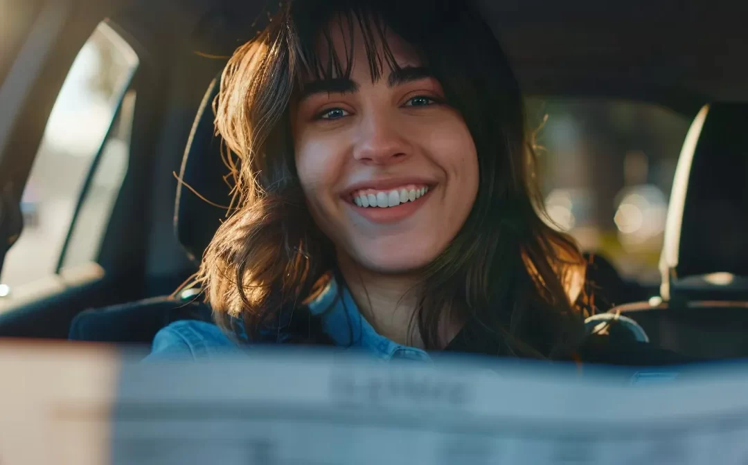 a person smiling with relief while holding a perfect score on their dmv test.