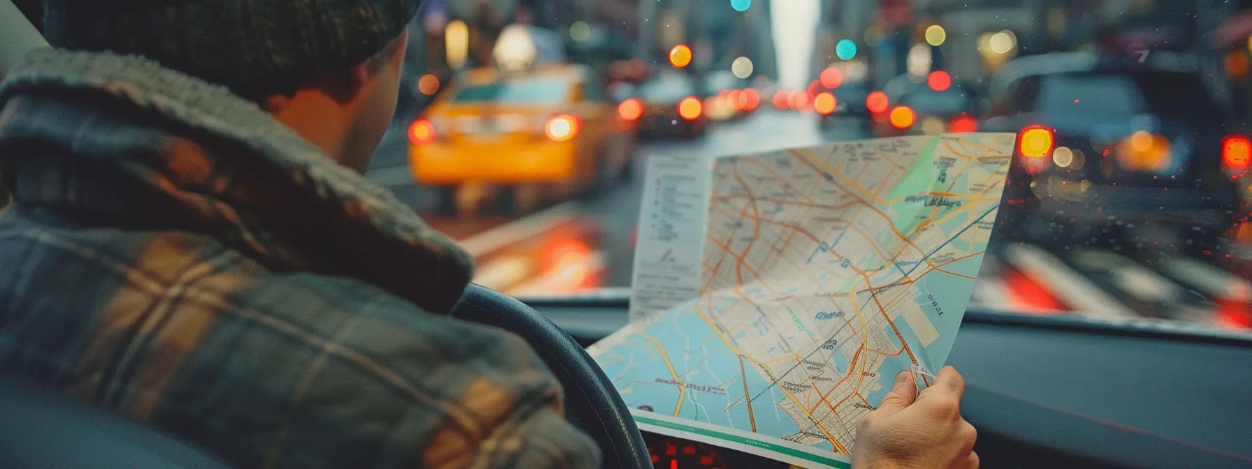 a nervous driver holding a road map in one hand while anxiously waiting to begin their nyc road test.