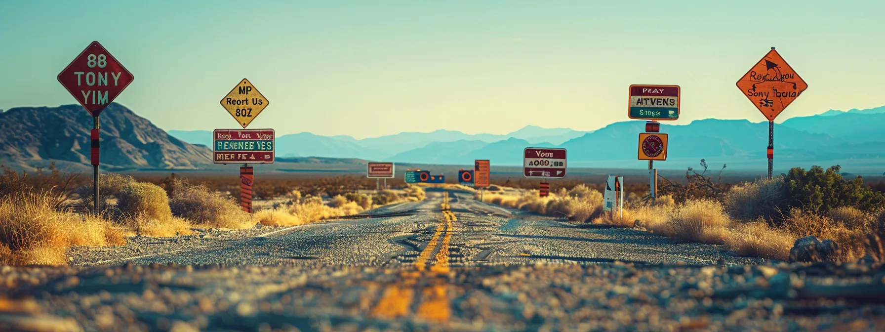 a row of diverse road signs with different state names, symbolizing the various driving test locations across the nation.