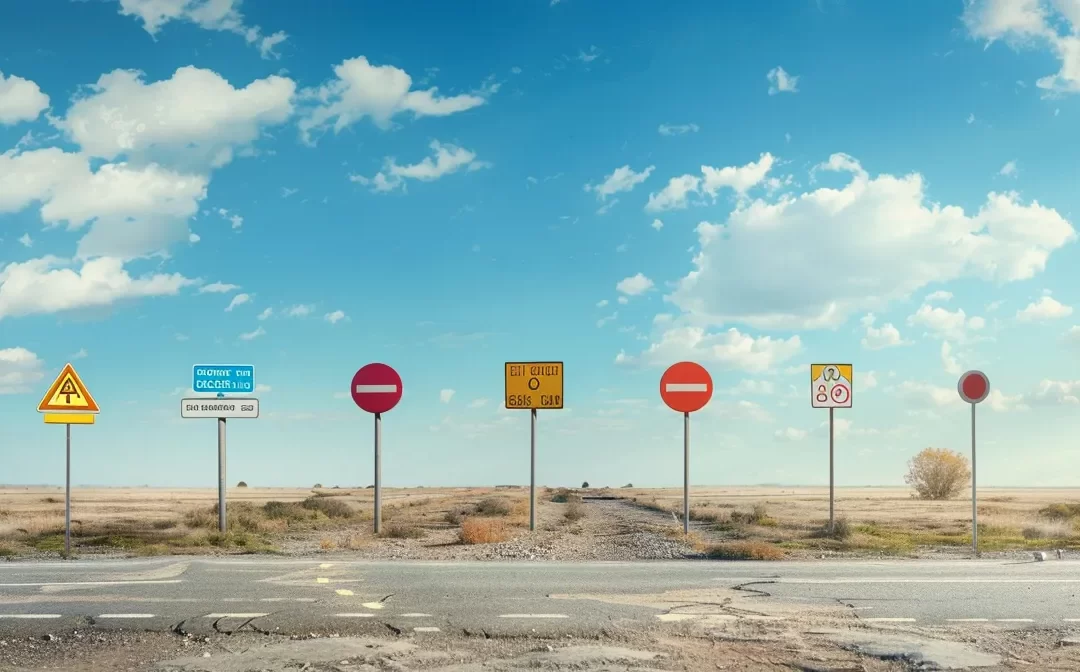 a row of diverse road signs pointing in different directions in a vast empty lot under a sunny sky.