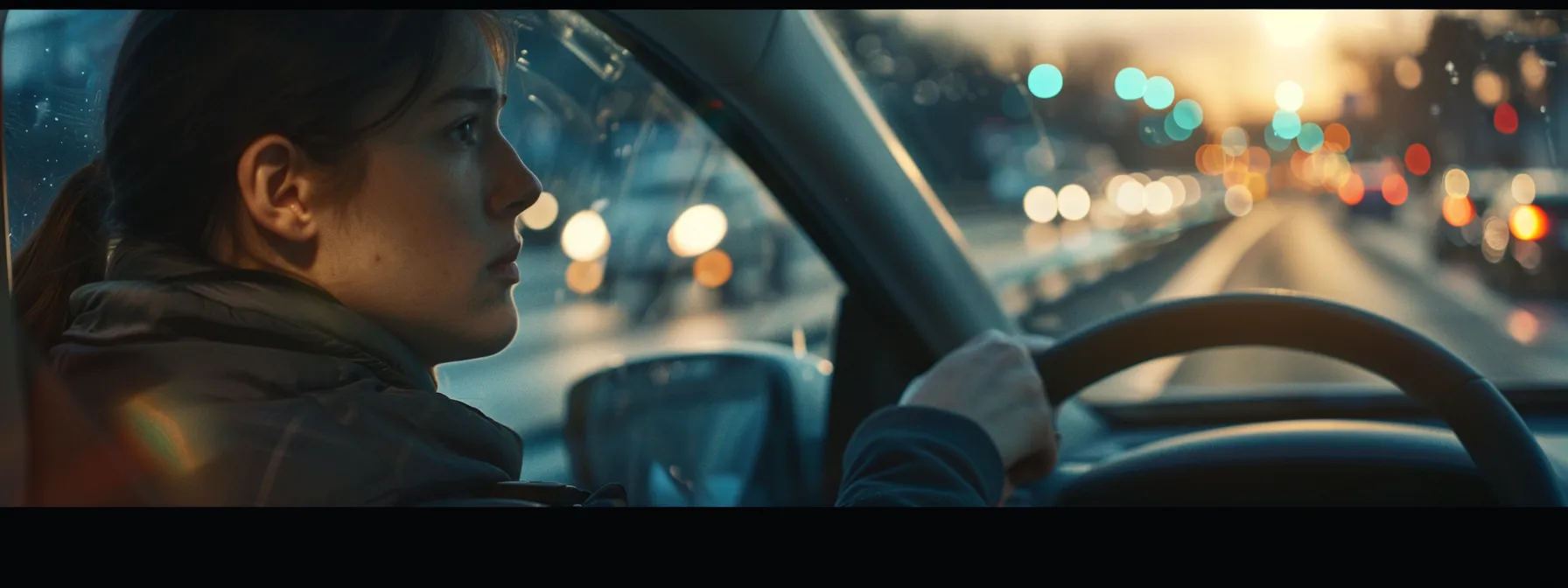 a focused driver calmly navigates a highway merge with precise control and composure.