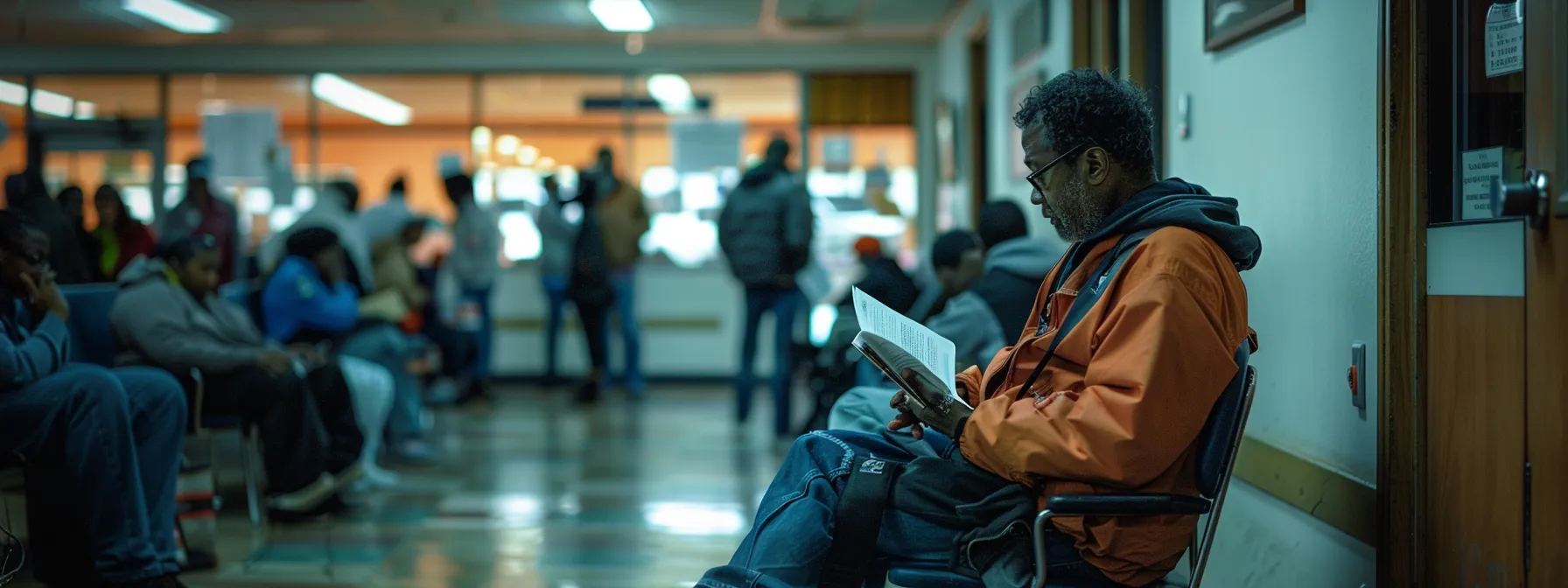 a frustrated driver studying a dmv manual while waiting in line at the dmv office, surrounded by other anxious test-takers.