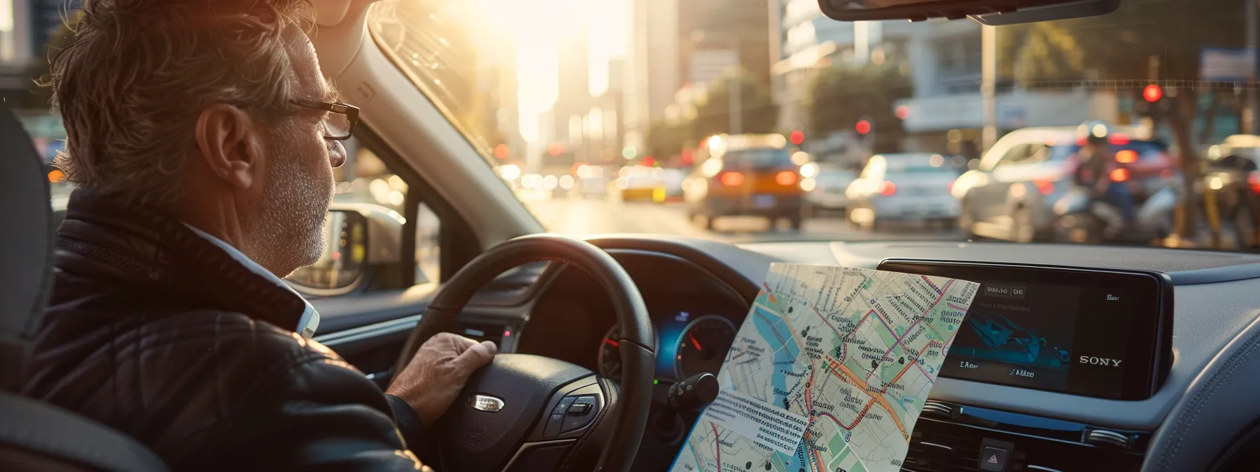 a driver studying a map of a challenging test route in bustling city traffic, with a clear sky and sun shining above.