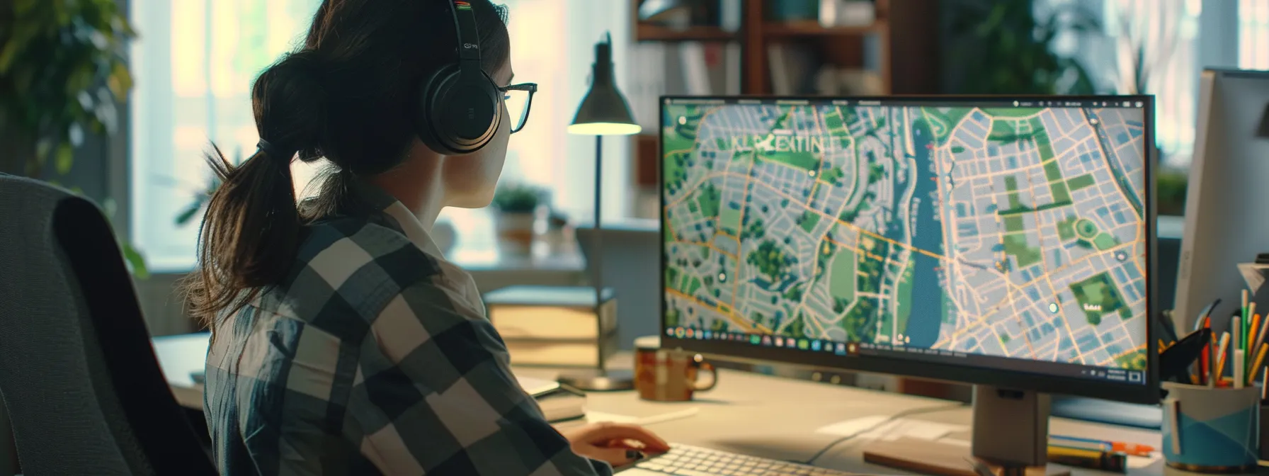 a person sitting at a computer, navigating a map with various nearby testing locations displayed on the screen.