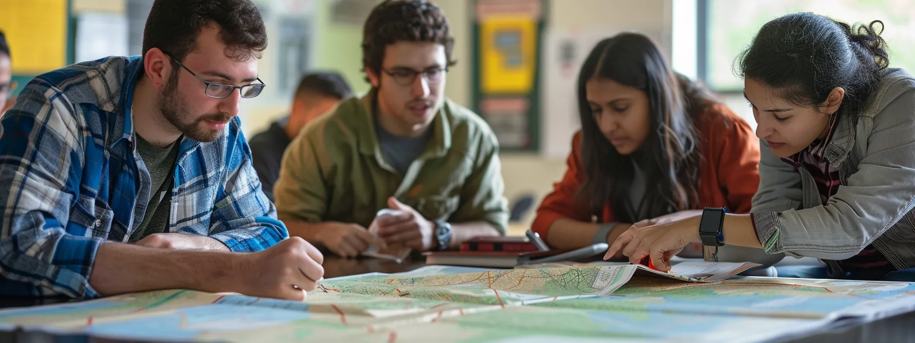 a diverse group of individuals studying road maps and preparing driving documents at a help center.