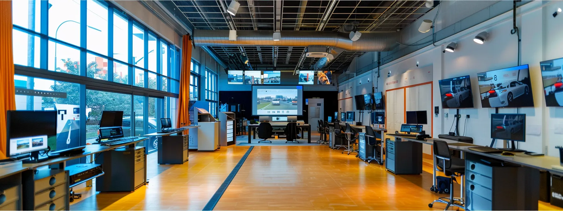 a bright and spacious driving test center with professional instructors and modern equipment, creating a reassuring and confident atmosphere for new drivers.