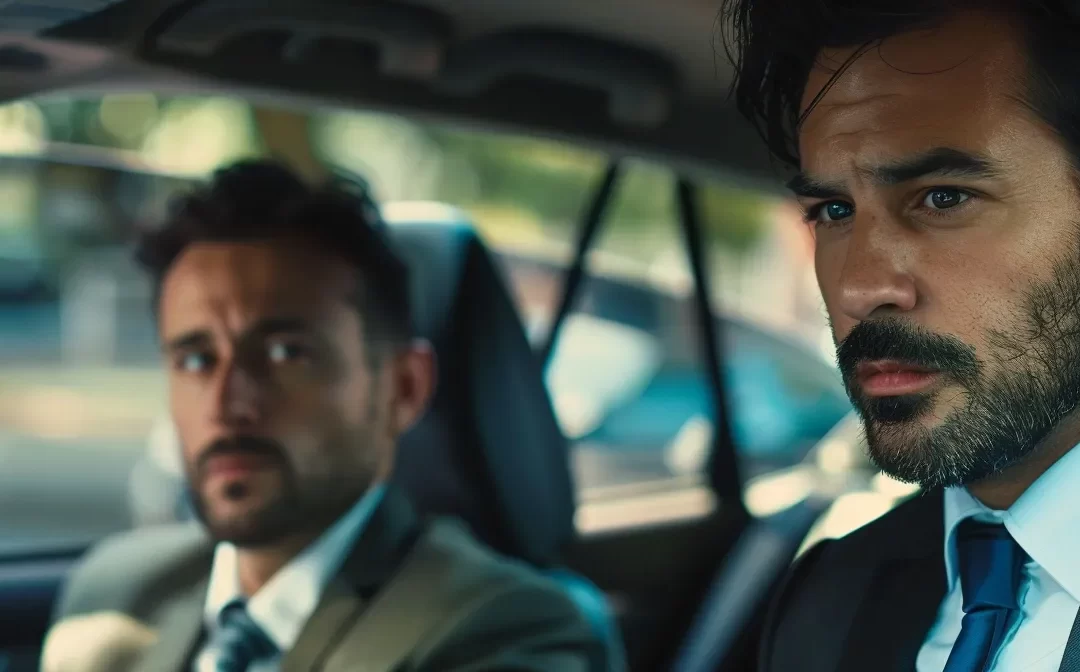 a nervous driver sitting behind the wheel of a car, flanked by a stern-looking examiner holding a clipboard.