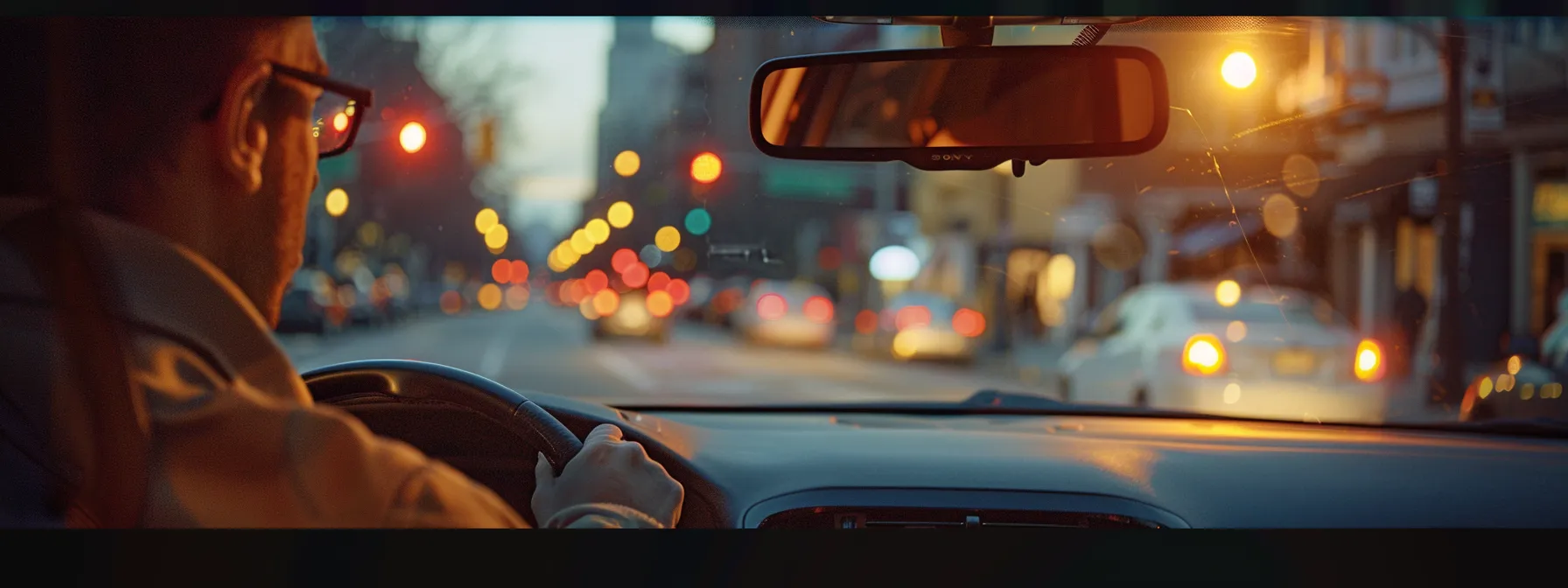 a person practicing proper stopping at a traffic light during a driving lesson.