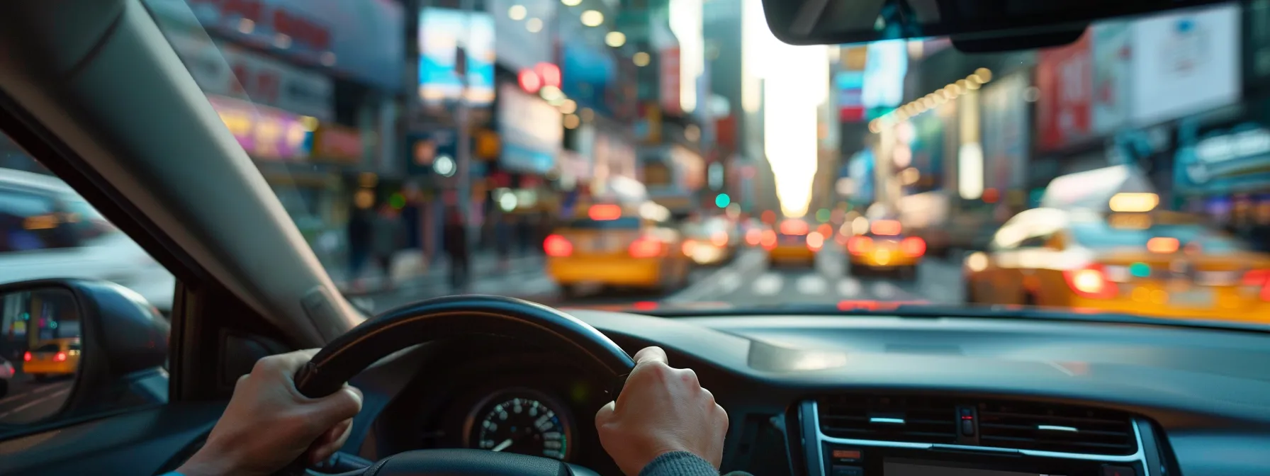 a driving instructor navigates a bustling city street during a road test.