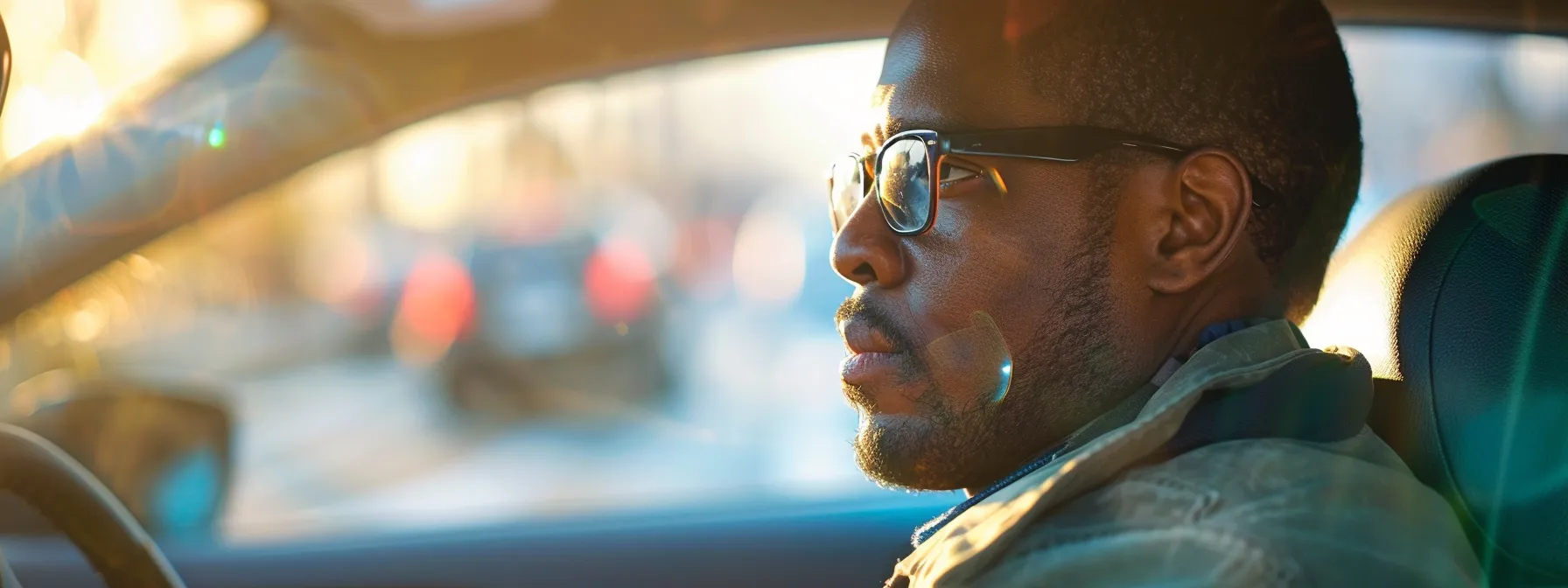 a nervous but determined driver sitting in a car, waiting to begin their road test at the dmv.