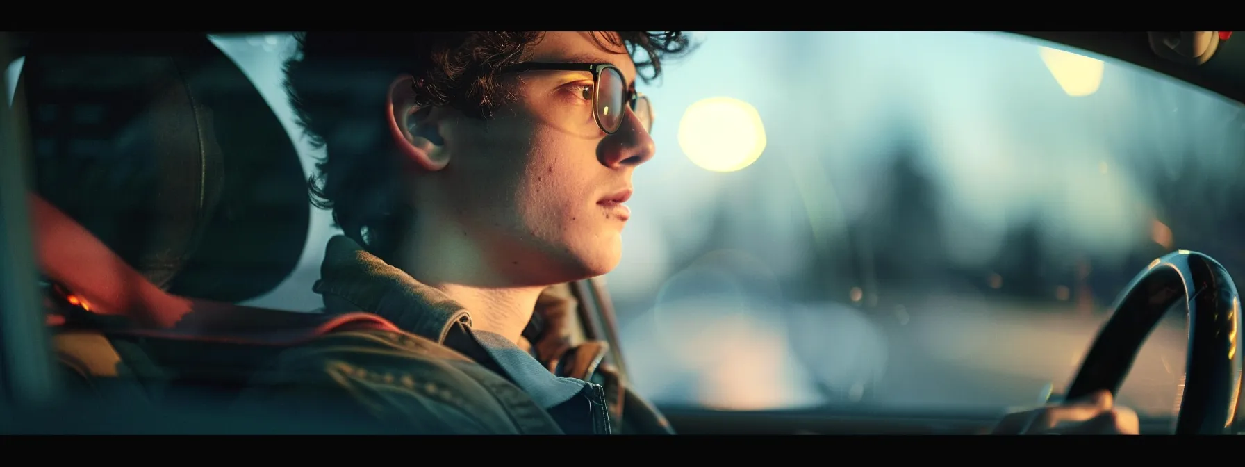 a person sitting in the driver's seat of a car, nervously waiting to take their road test.